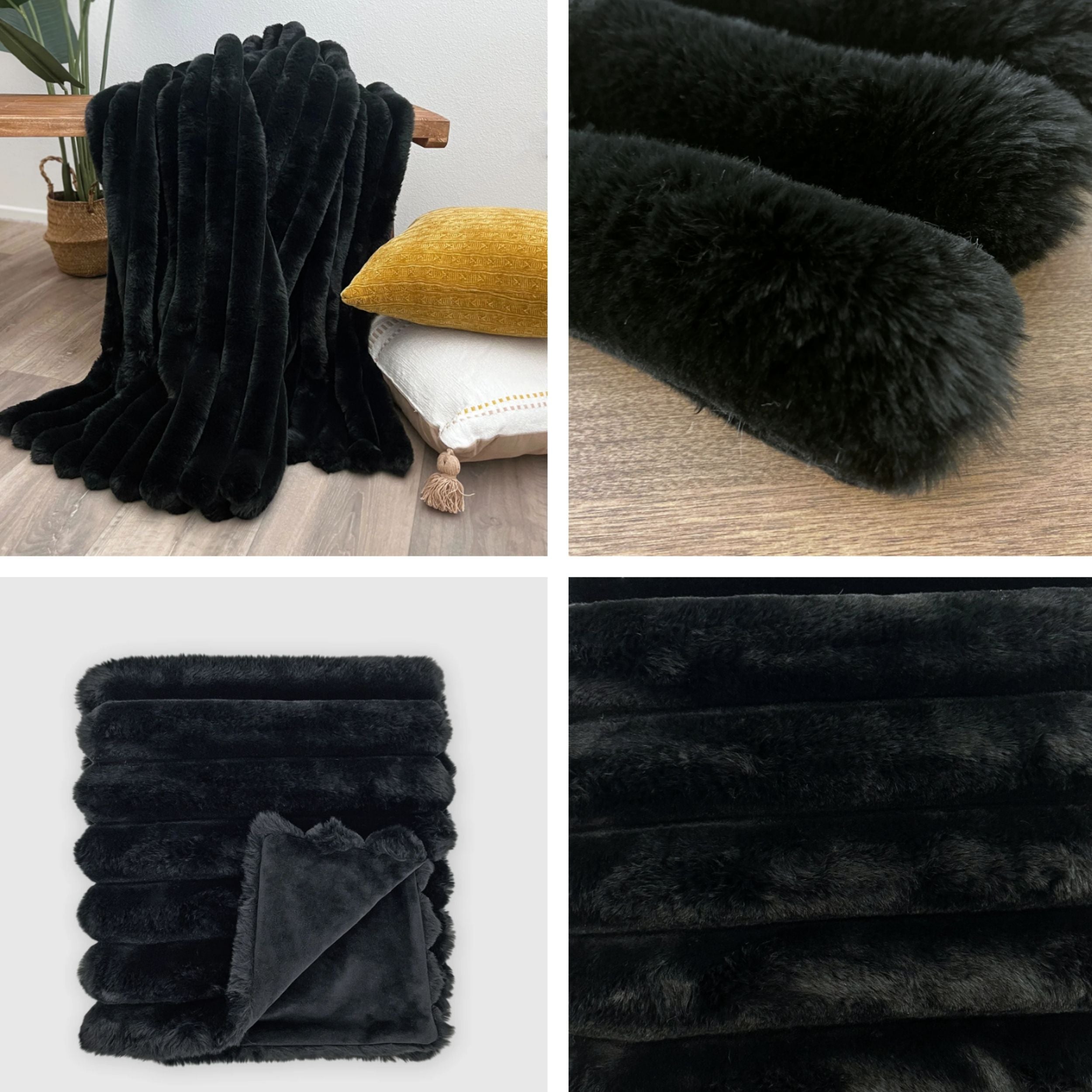 LOUNGE FAUX FUR BLANKET -BLACK