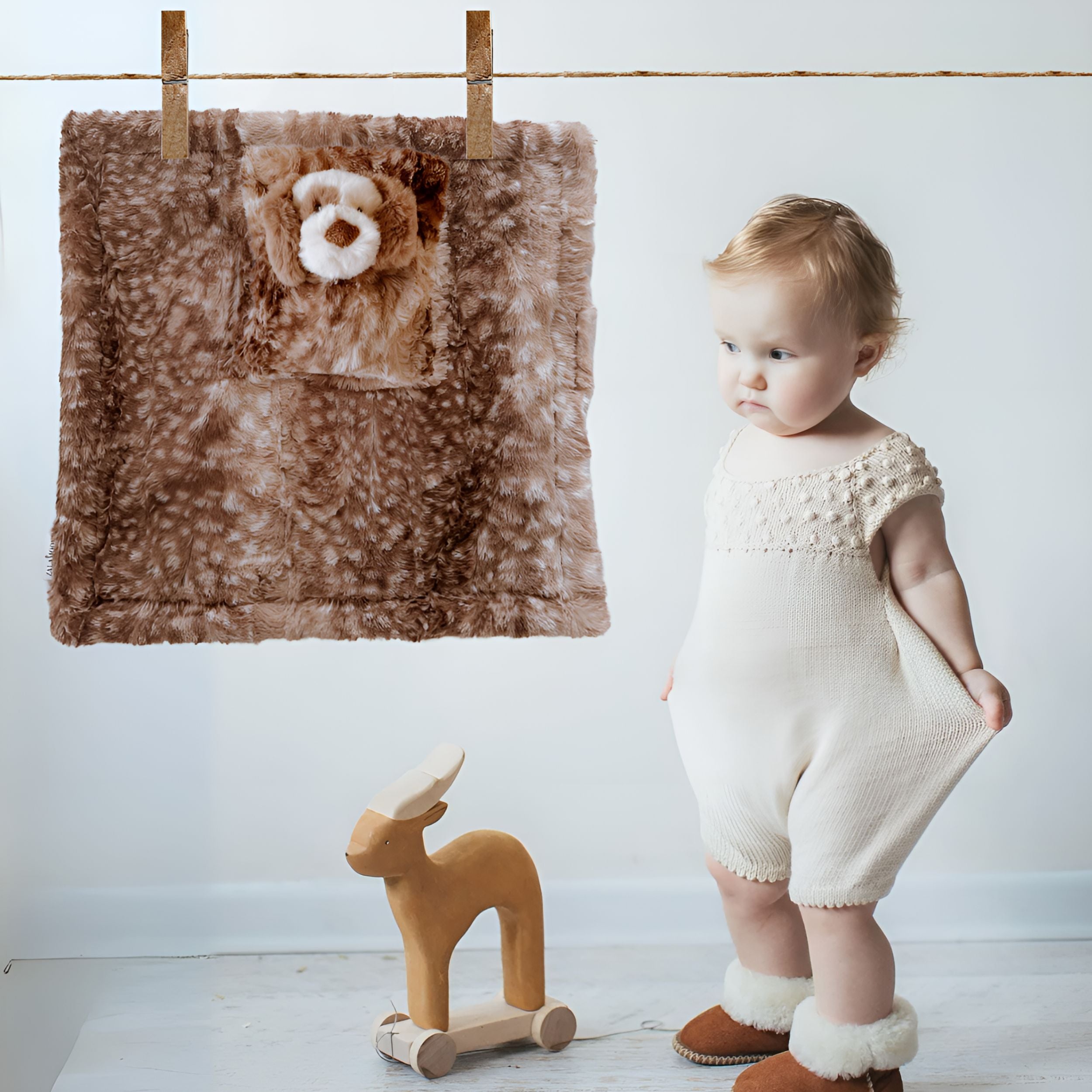 MINI LUNA PLUSH LUXIE POCKET BLANKETS - FAWN  with PUPPY