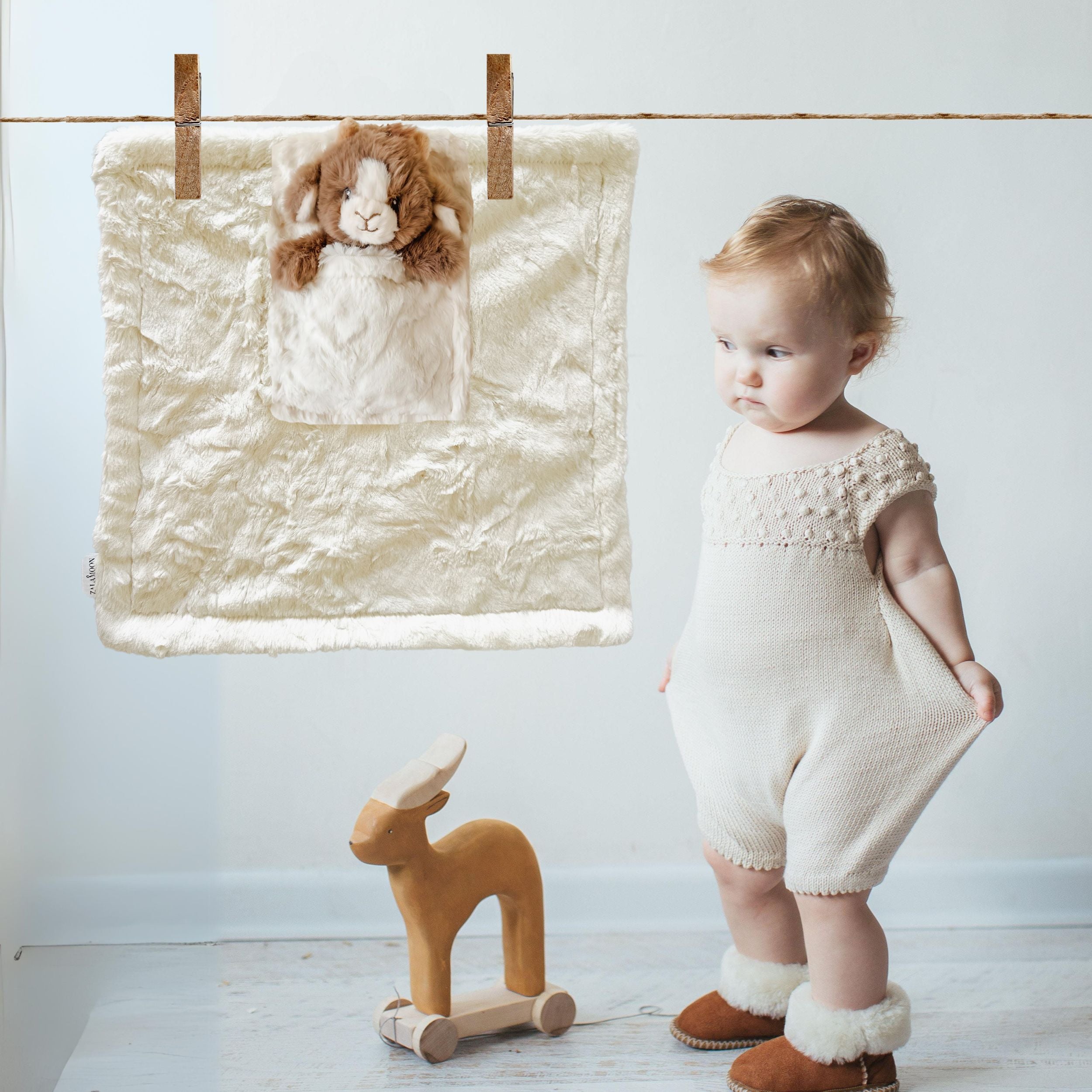 MINI LUNA PLUSH LUXIE POCKET BLANKETS - IVORY with BILLY GOAT