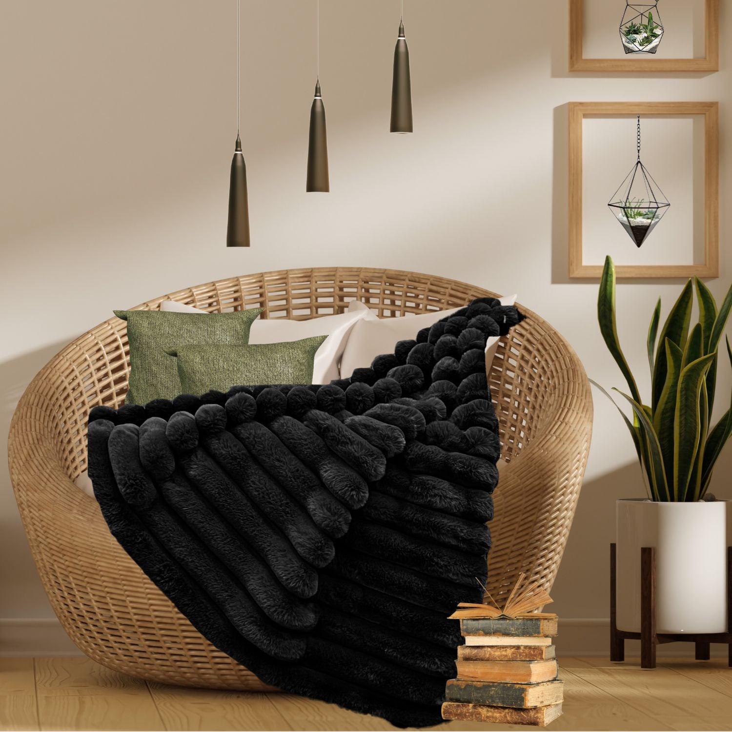 LOUNGE FAUX FUR BLANKET -BLACK